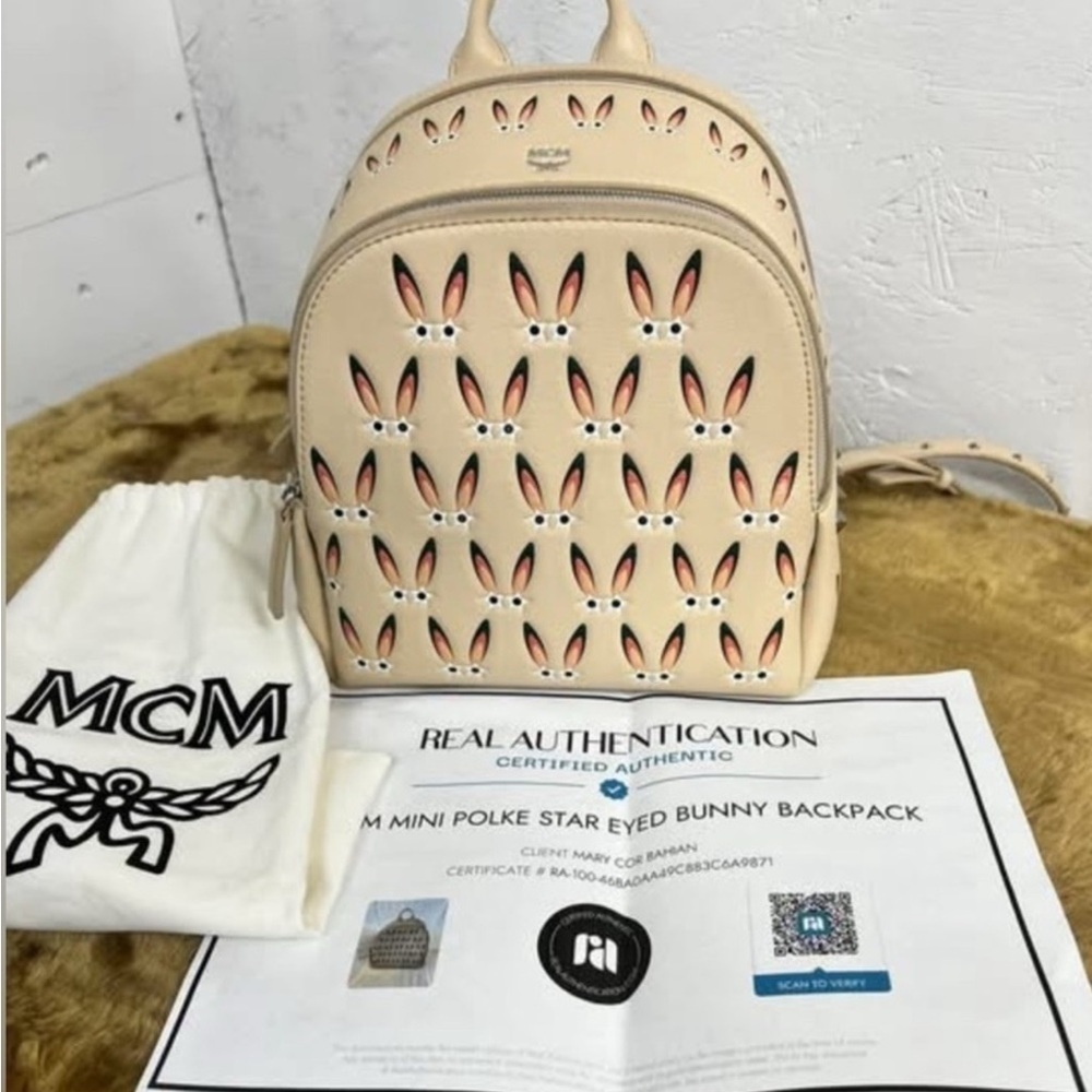 Rare MCM Mini Polke Star Eyed Bunny MINI Backpack in natural lambskin leather